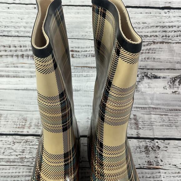 Sporto AMY Rubber Rain Duck Boots size 6 Black Tan Blue Plaid Calf Any Weather - Picture 4 of 11